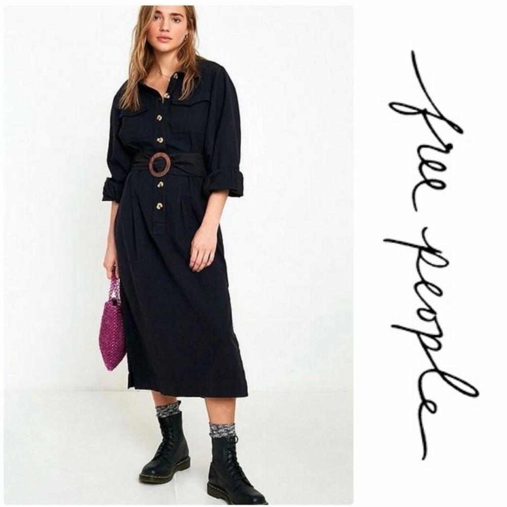 Free People Audrey Black Belted Long Sleeve Button Utility Shirtdress Small NWT